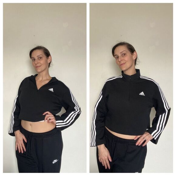 ADIDAS Crop Pullover NEW Zipper Black White Athleisure Medium Women’s - Picture 3 of 11